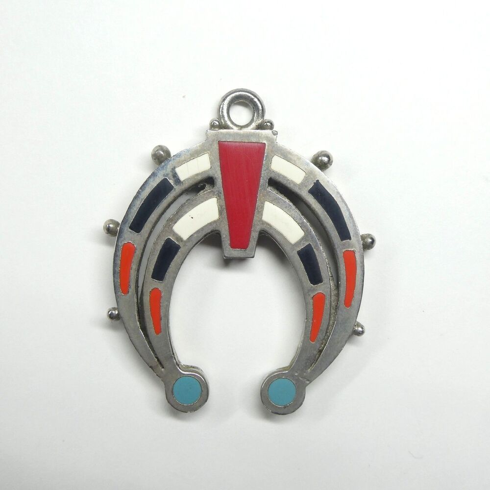 Horseshoe Pendant Vintage Silvertone Red Black White Turquoise Enamel Inlaid